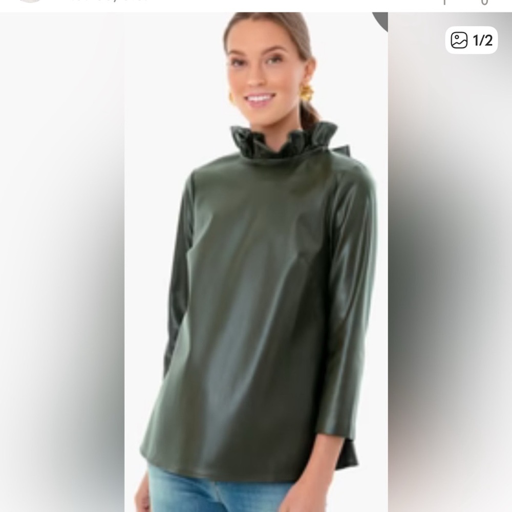 Tuckernuck Olive Green Ruffled Mock Neck Blouse